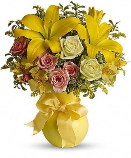 beautiful and cheerful bouquet will mean to whoever's on your mind today. Includes lilies, spray roses, alstroemeria and accent flowers.